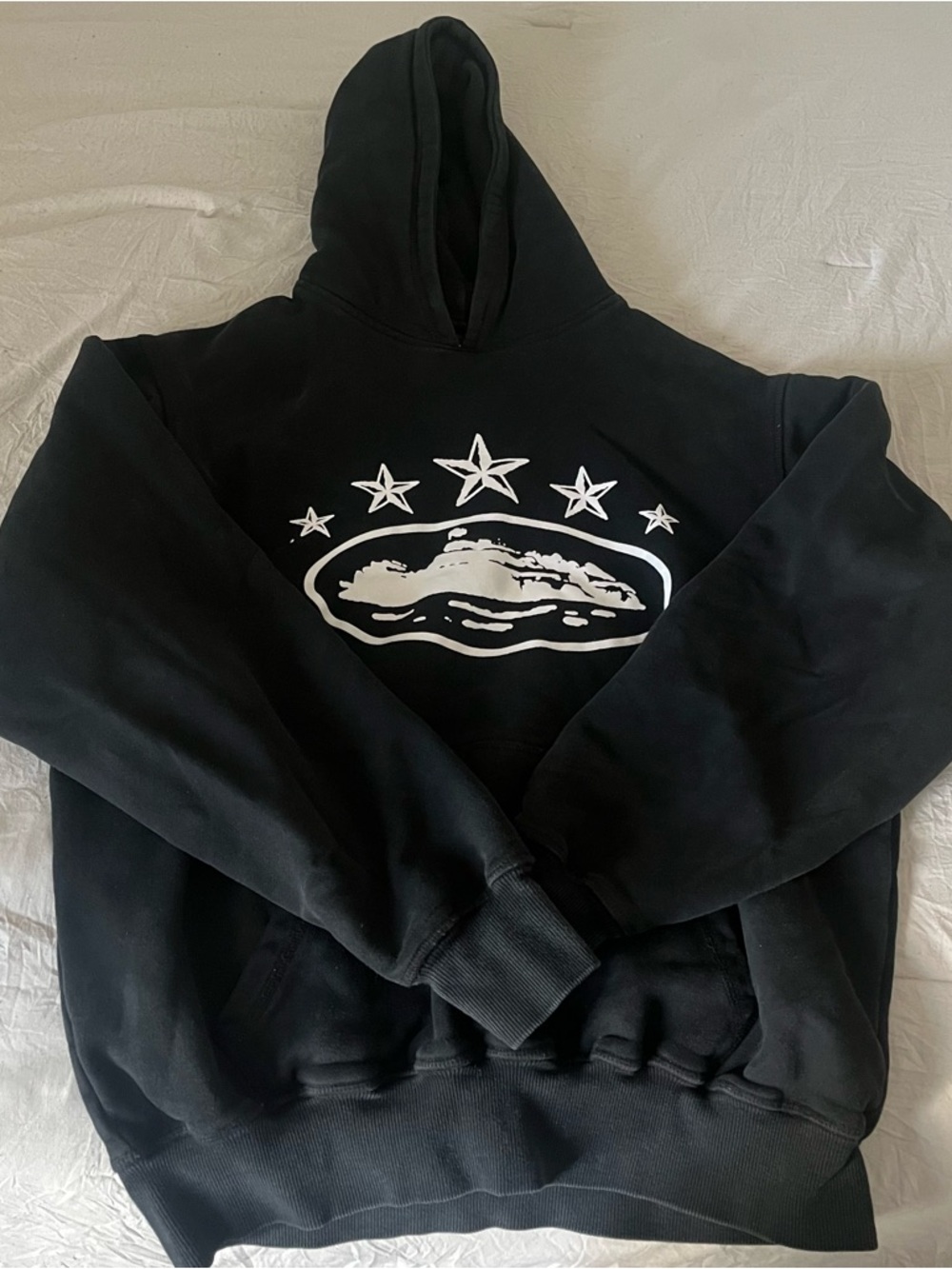 Black Graphic Hoodie with White Crest and Stars - Unbranded